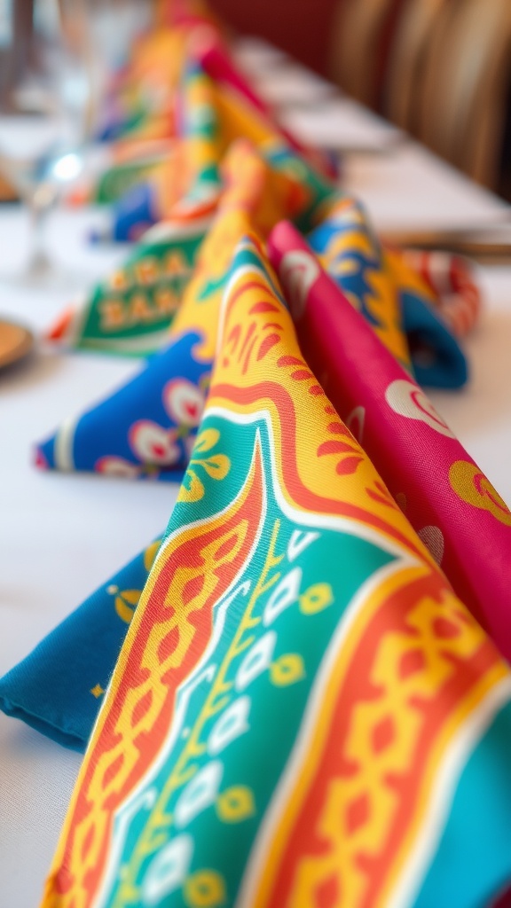 Colorful table napkins arranged on a dining table.