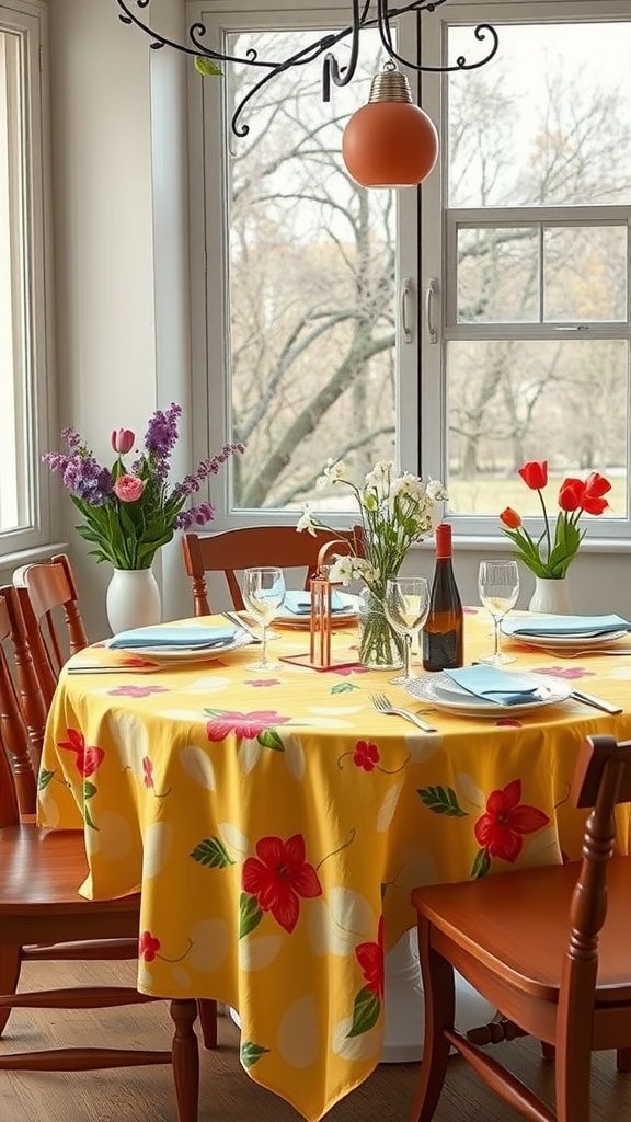 A round table with a bright yellow floral tablecloth, surrounded by wooden chairs and decorated with colorful flower vases.