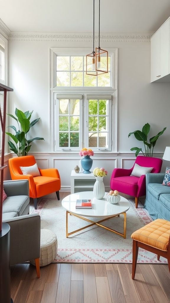 A colorful boho living room featuring brightly painted furniture, including orange and pink chairs, a light coffee table, and decorative plants.