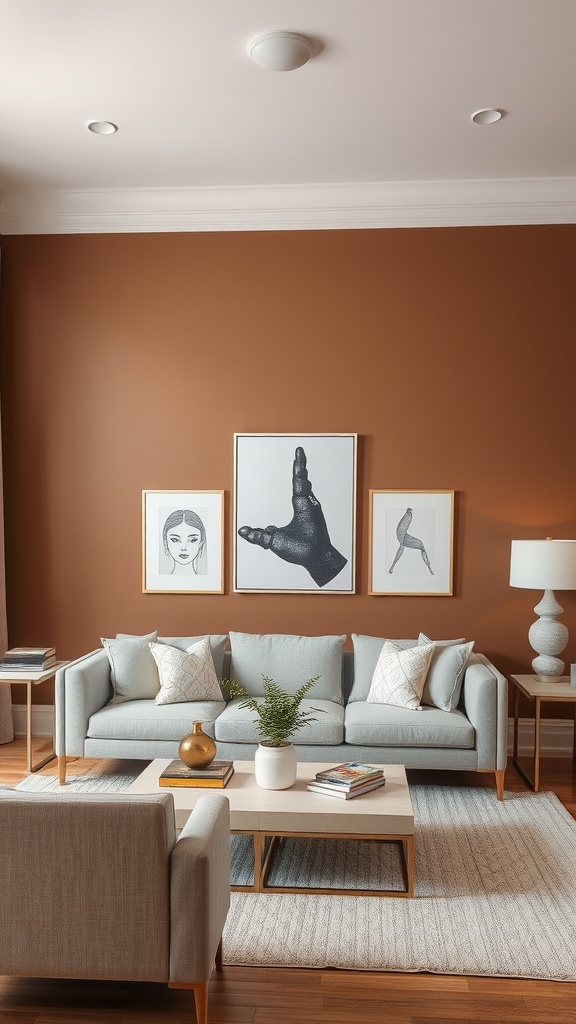 Living room with a brown accent wall, white sofa, and modern decor