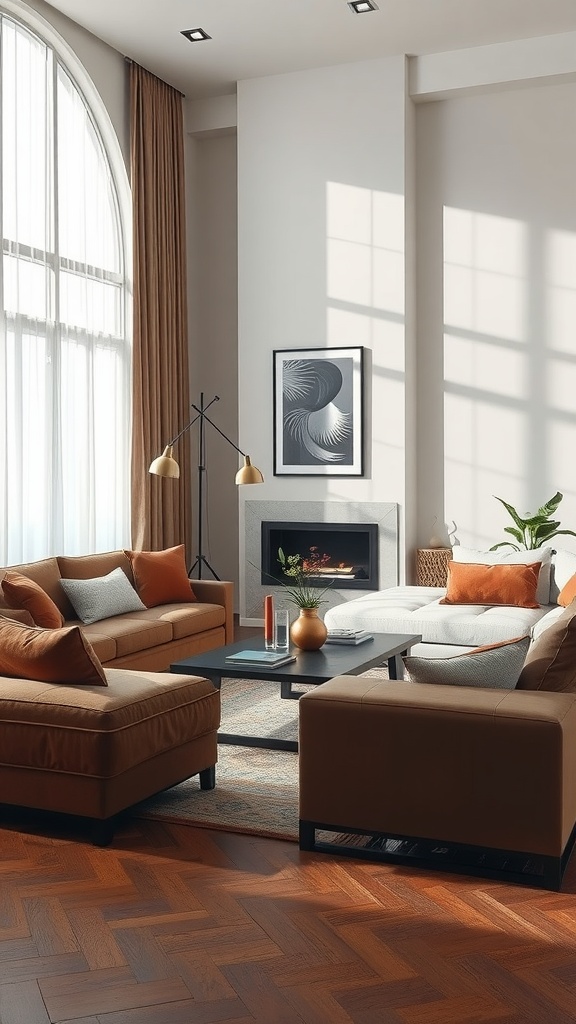 Contemporary living room featuring brown furniture and gray walls with large windows and a fireplace.