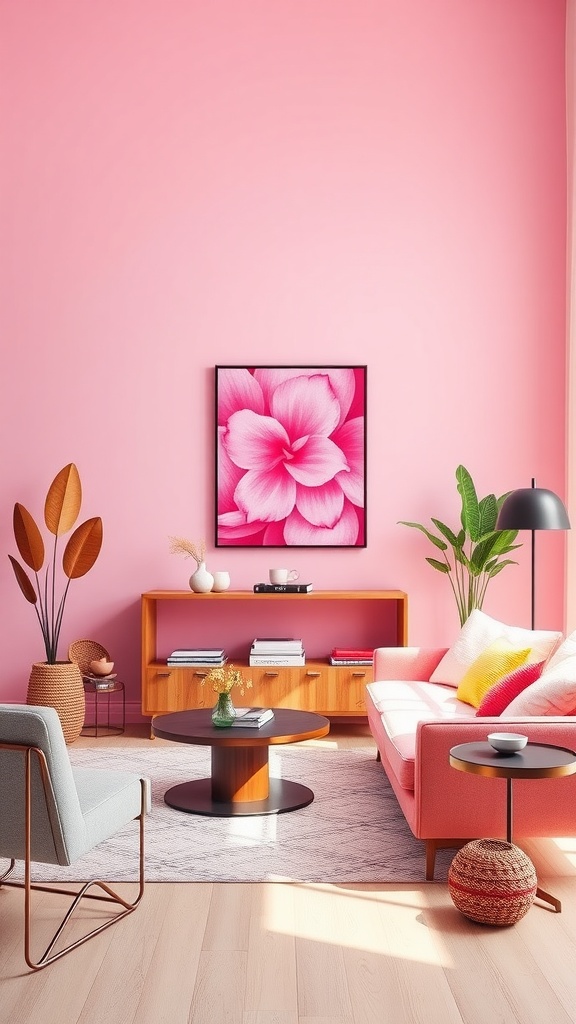 A colorful living room featuring bubblegum pink walls and vibrant wall art of a flower.