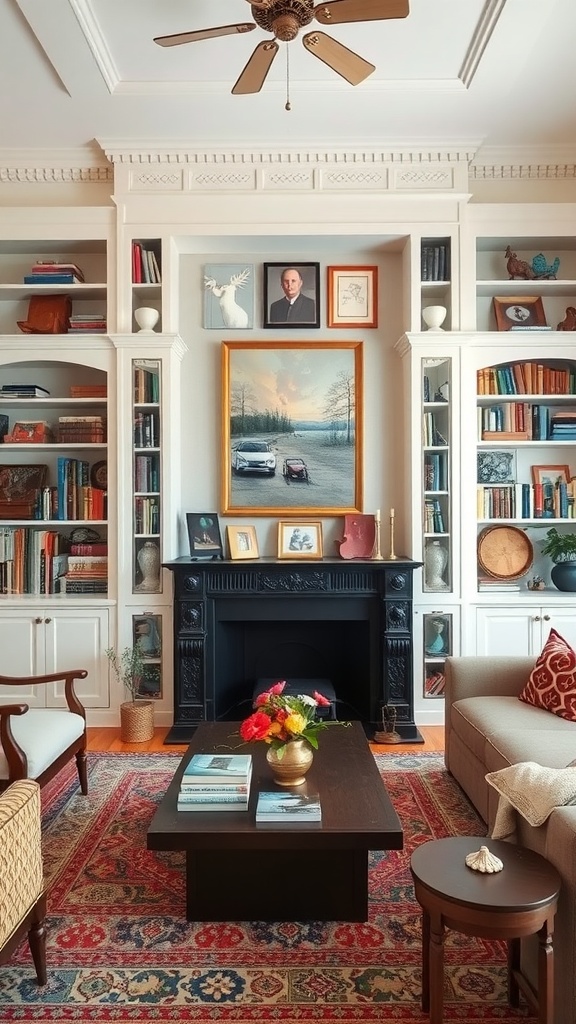 A living room featuring built-in bookcases, a fireplace, and comfortable seating.