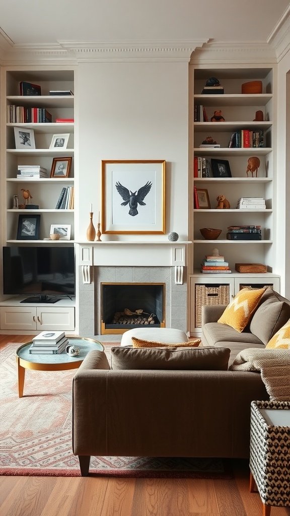 Living room with built-in bookcases displaying books and toys