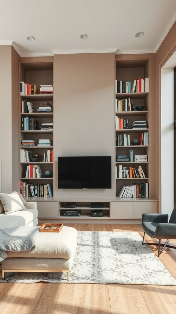 A modern living room with built-in bookshelves filled with books and decorative items, complemented by a TV unit.