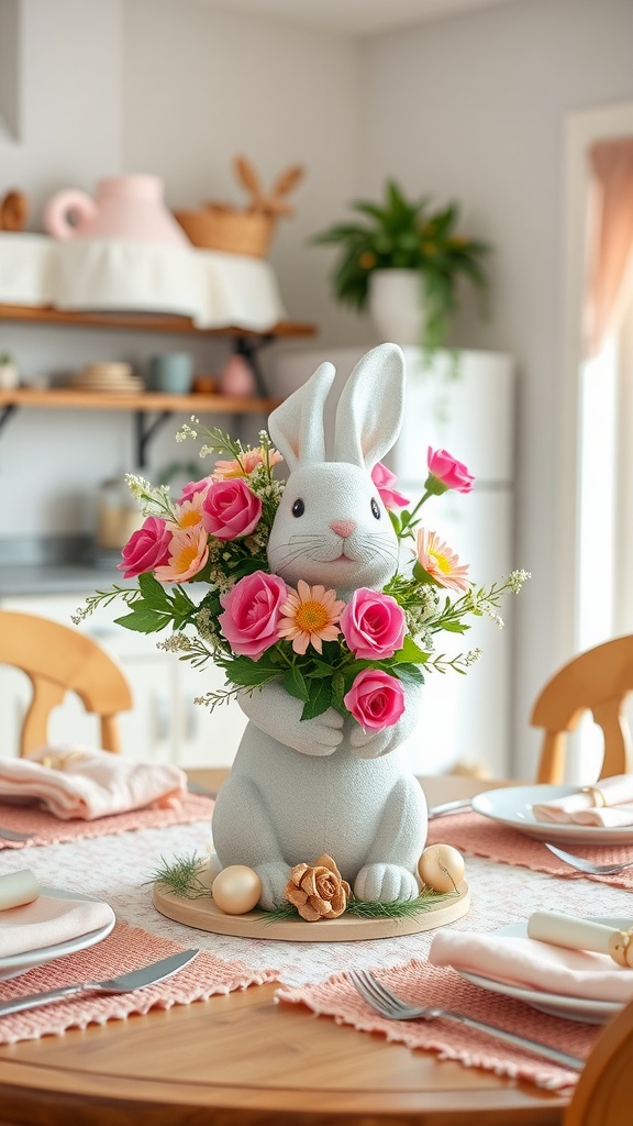 A cute bunny centerpiece surrounded by flowers and eggs on a kitchen table.