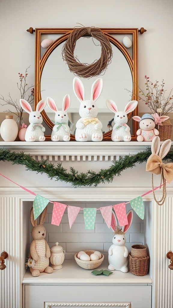 A festive Easter mantel with bunny figurines, a mirror, pastel eggs, and decorative garland.