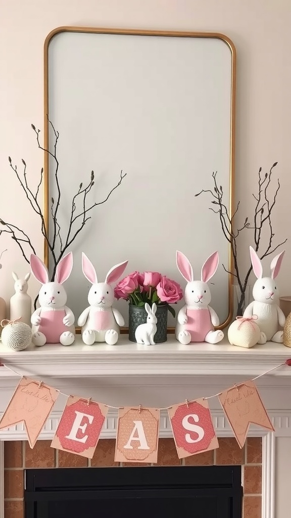 A spring-themed mantel with bunny decor, pink roses, and a decorative banner.