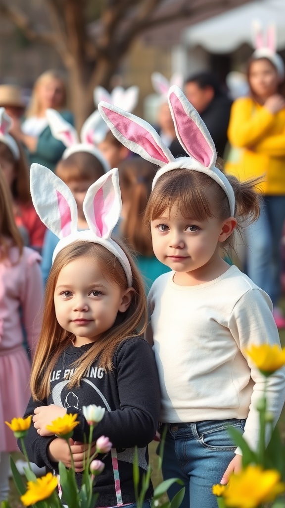 Two children wearing bunny ears headbands in a spring setting with flowers.