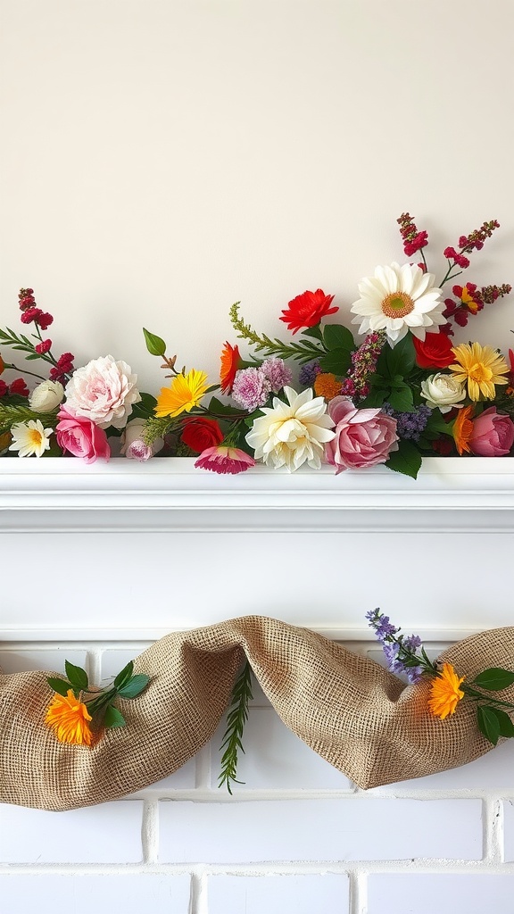 A mantle decorated with a burlap garland adorned with colorful artificial flowers