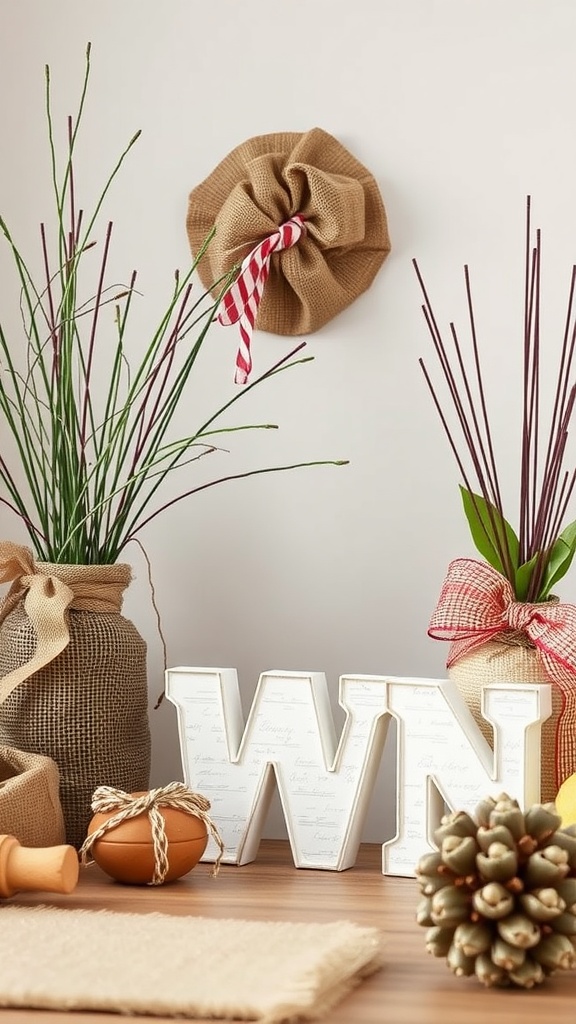 Decorative burlap and ribbon crafts for spring, including a burlap bow, greenery, and white letters.