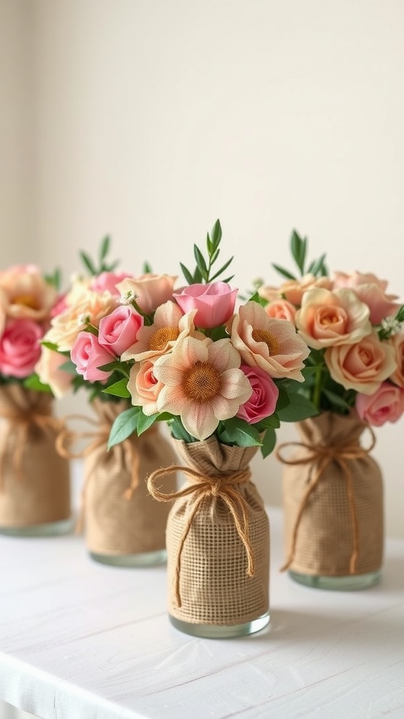 Burlap flower bouquets in jars with pink and cream roses