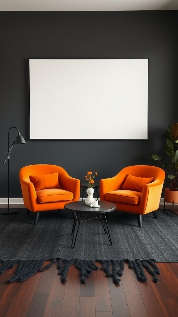 Two burnt orange accent chairs with a black wall and a coffee table