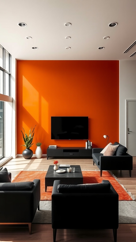 Living room with a burnt orange accent wall, black furniture, and large windows