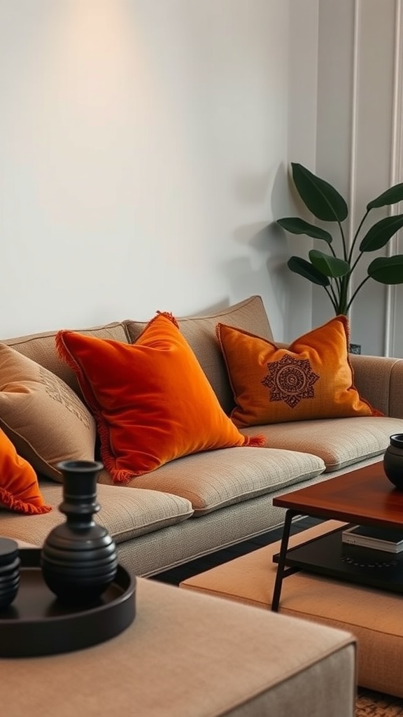 A cozy living room with a beige sofa adorned with burnt orange throw pillows, featuring intricate designs.