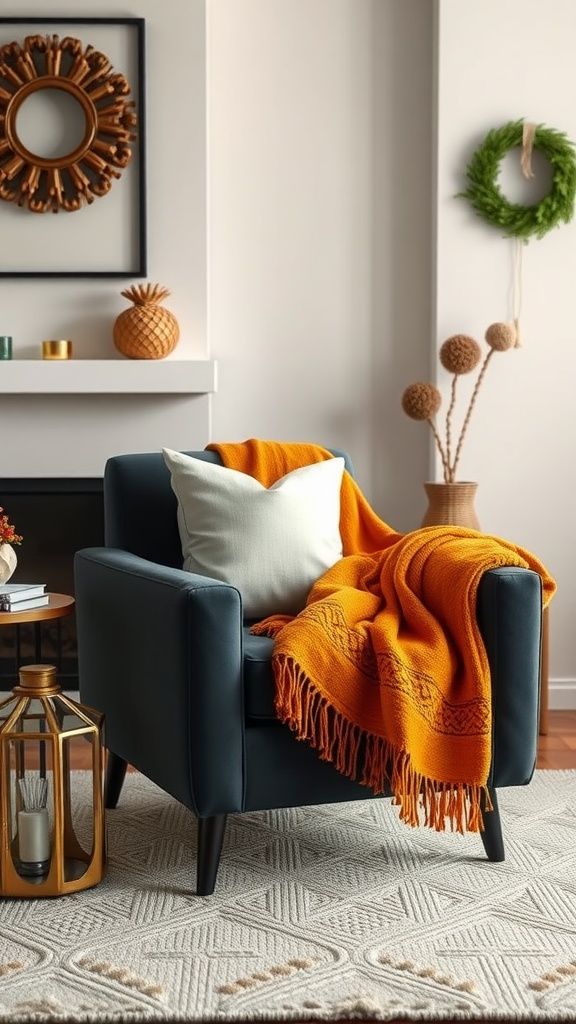 A cozy living room chair with a burnt orange throw blanket draped over it, surrounded by decorative items.