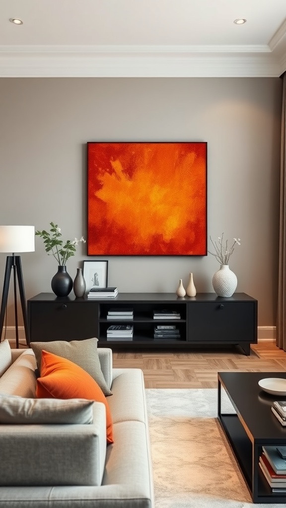 A modern living room featuring a large burnt orange wall art piece above a sleek black media console with decorative vases and a stylish sofa.