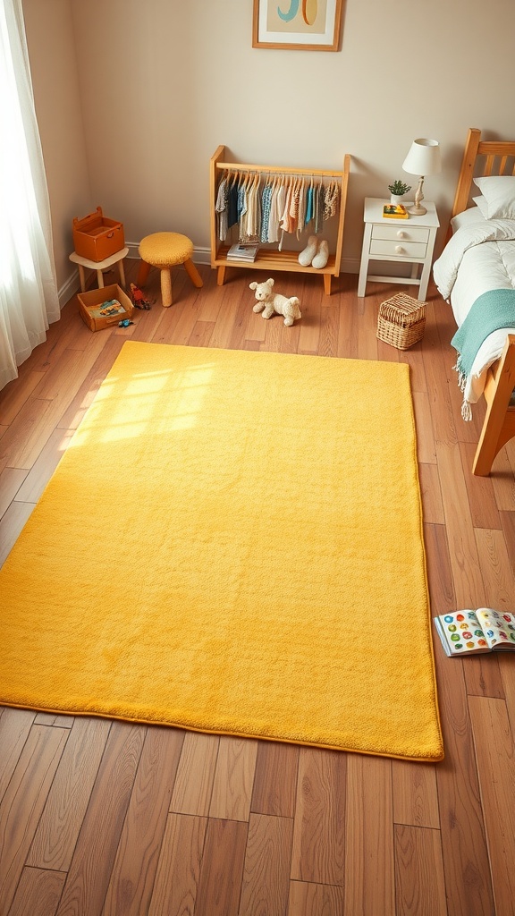 A bright buttercup yellow rug in a cozy bedroom with wooden floors, complemented by cheerful decor.