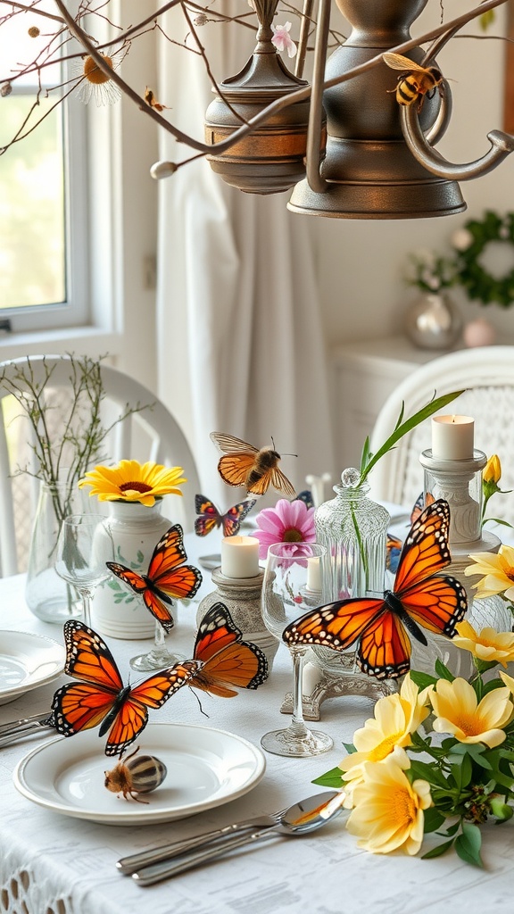 A beautifully decorated spring table with butterfly and bee accents, featuring bright orange butterflies, sunflowers, and elegant glassware.