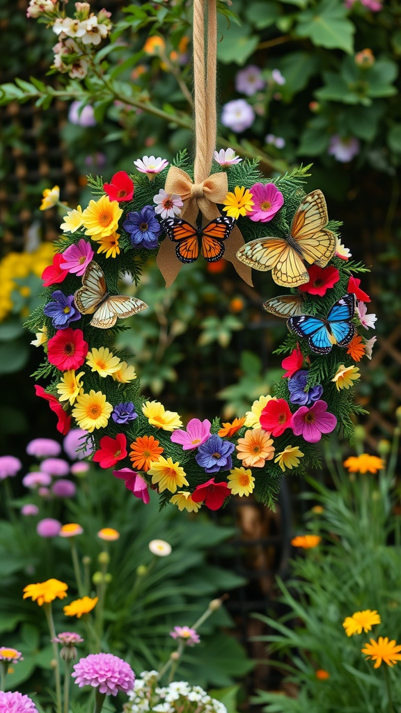 A colorful butterfly garden wreath with various flowers and butterflies, displayed outdoors.