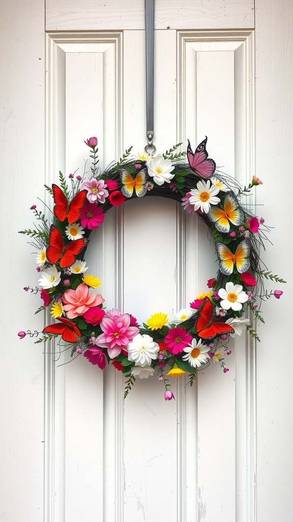 A colorful wreath adorned with vibrant flowers and butterflies, hanging on a white door.