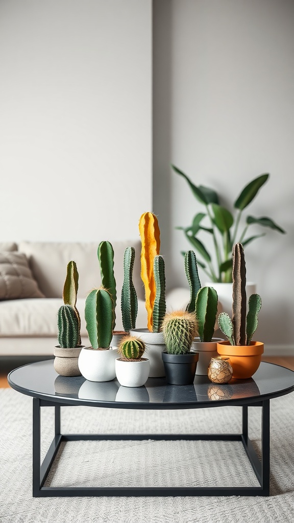 A variety of cacti in different pots arranged on a coffee table in a modern living room.