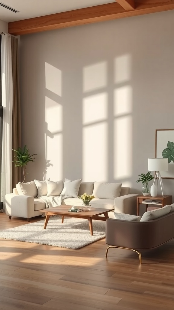 A neutral living room with soft beige furniture, wooden flooring, and natural light creating a calm atmosphere.