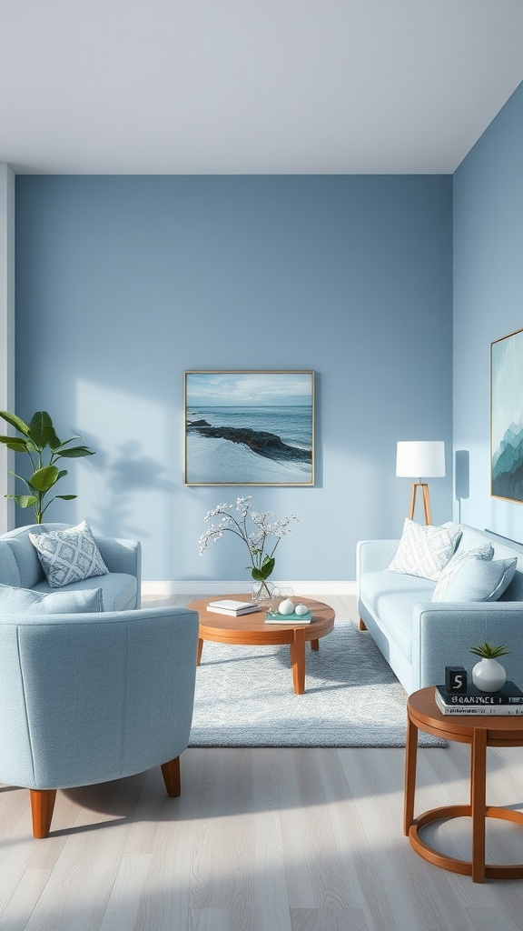 A coastal living room featuring calming blue tones with light blue walls, soft furniture, and ocean-themed artwork.