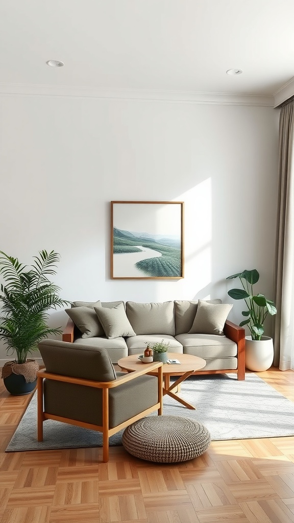 A minimalist bohemian living room with earthy tones, green plants, and wooden furniture.