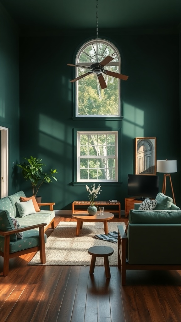 A calming green living room with wooden furniture and large windows