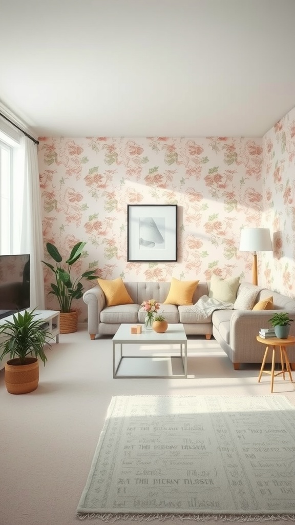 Cozy living room with pastel floral wallpaper and light furniture