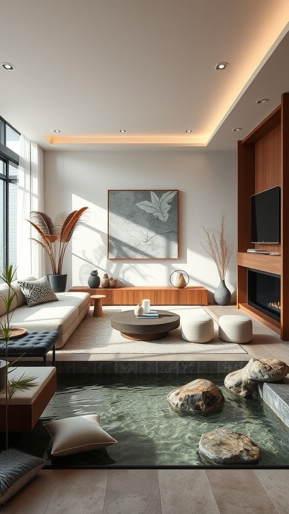 A modern living room featuring a calming water feature with stones, plants, and minimalist furniture.