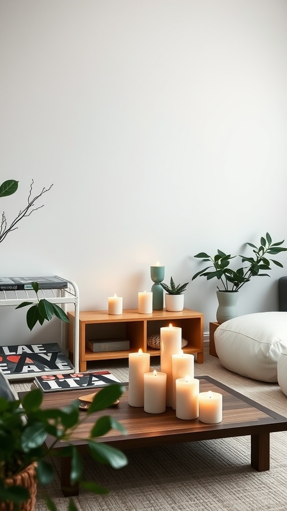 A cozy dorm living room featuring candles and plants for a calming atmosphere.