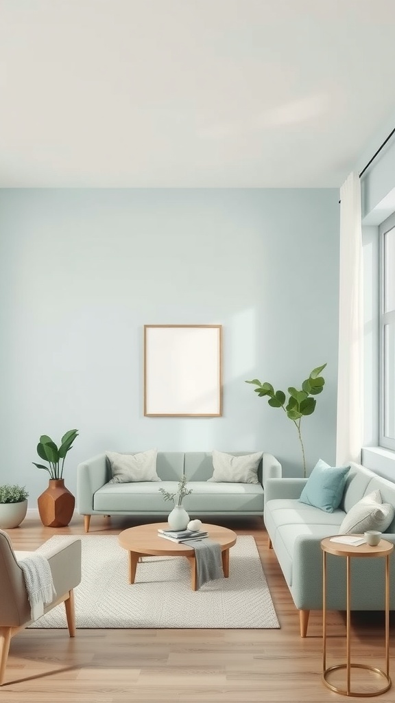 A calm living room featuring soft blue walls, light furniture, plants, and natural light.