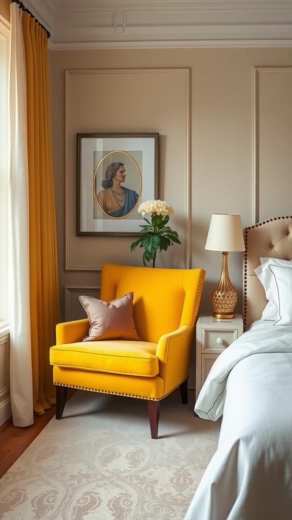 A cozy bedroom featuring a canary yellow accent chair, elegant curtains, and a framed portrait.