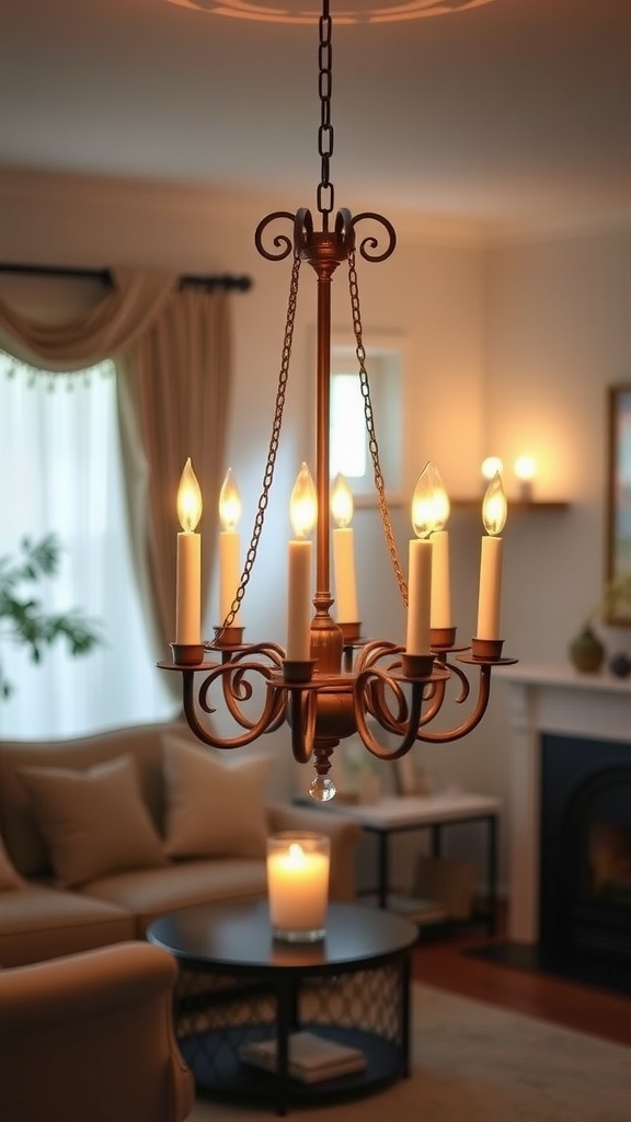 A candle-style chandelier hanging in a cozy living room with soft lighting and decorative elements.