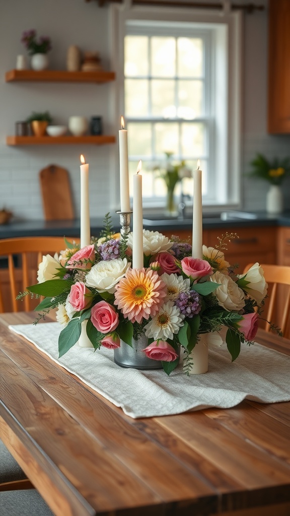 A spring centerpiece featuring flowers and candles on a kitchen table