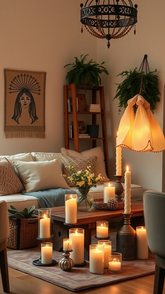 Cozy boho-style living room with various candle arrangements creating a warm atmosphere