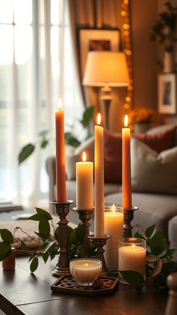 A cozy living room scene featuring various candles on a table surrounded by greenery, creating soft lighting.