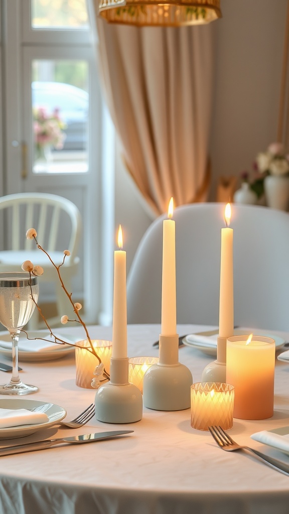 A spring table decor featuring candles in elegant holders, set for a cozy meal