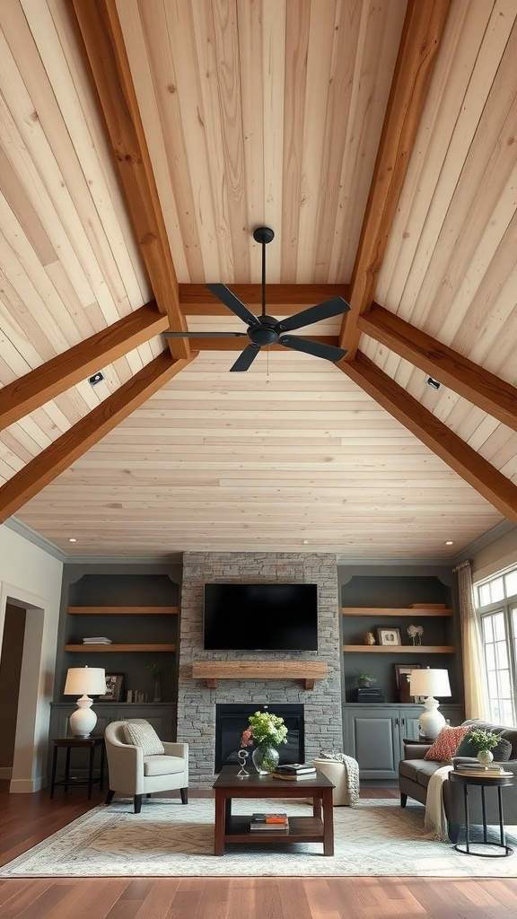 Farmhouse style living room with a wooden ceiling and exposed beams