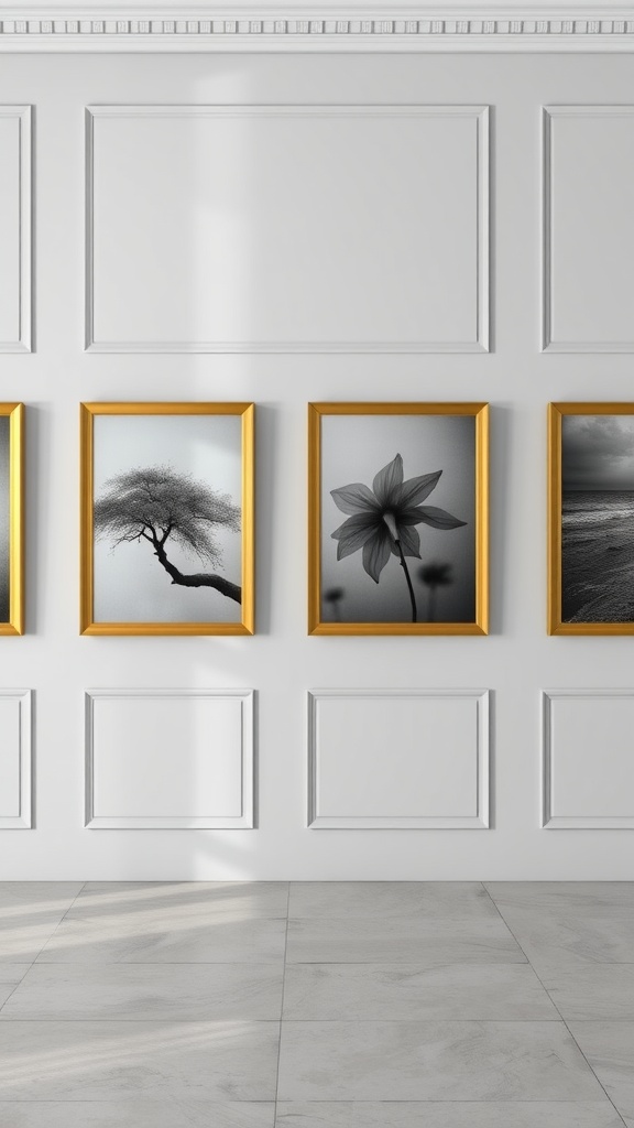 A collection of grey artwork framed in gold, displayed on a white wall.