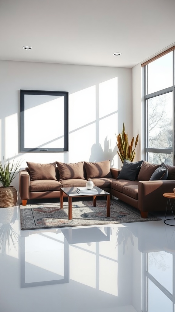 A modern living room with a dark brown sofa, large windows, and reflective surfaces.