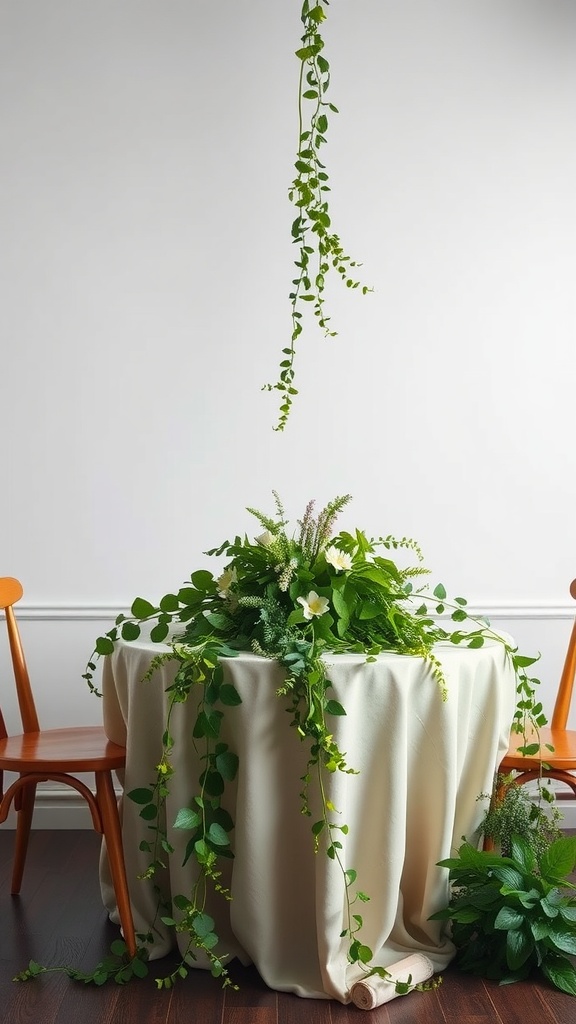 A spring table decor featuring cascading greenery, lush plants, and a cream tablecloth.