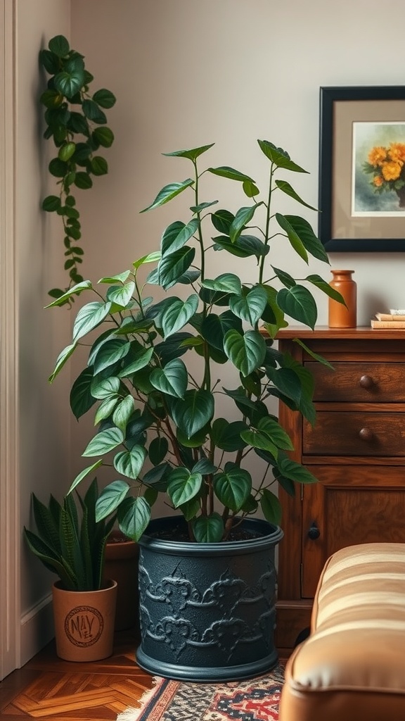 A Cast Iron Plant in a stylish pot in a cozy living room setting.