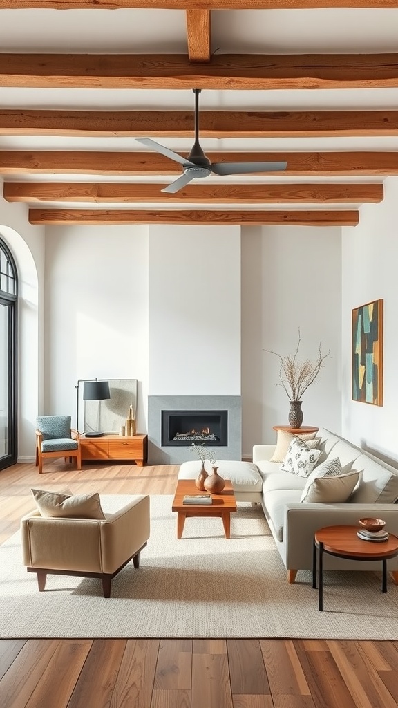 A minimalist bohemian living room featuring wooden ceiling beams, modern furniture, and a cozy fireplace.