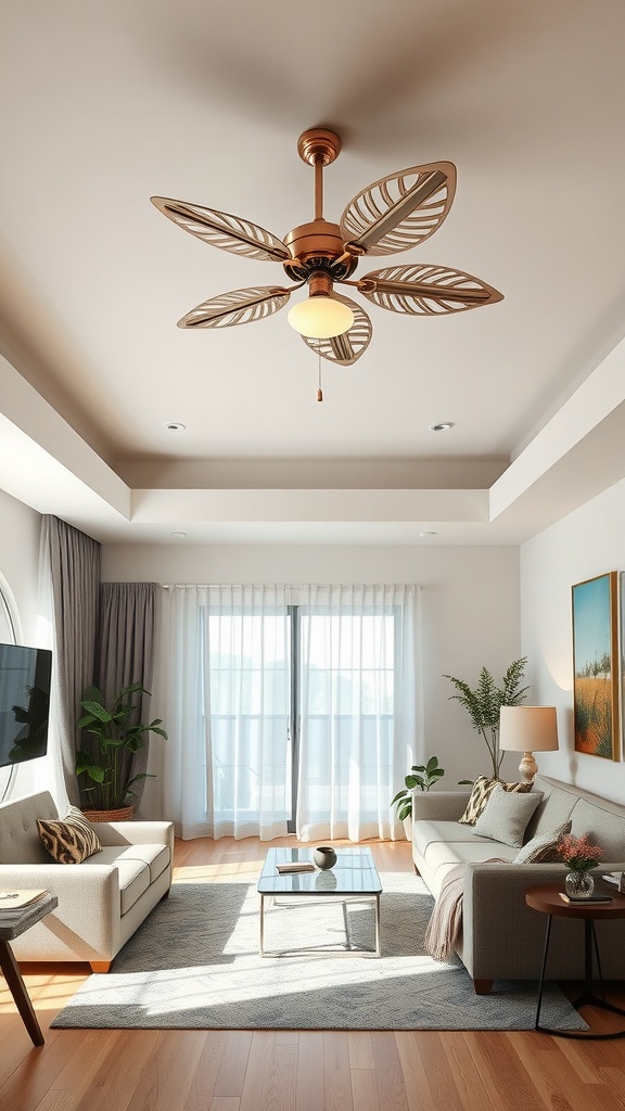 A modern living room featuring a stylish ceiling fan with leaf-shaped blades, enhancing the space's decor.