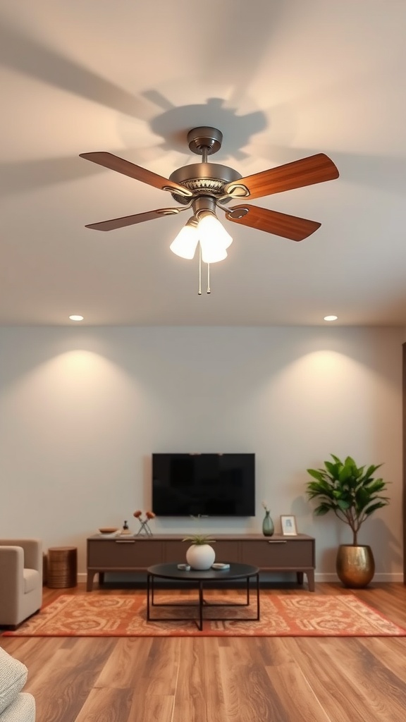 A modern ceiling fan with integrated lighting in a stylish living room