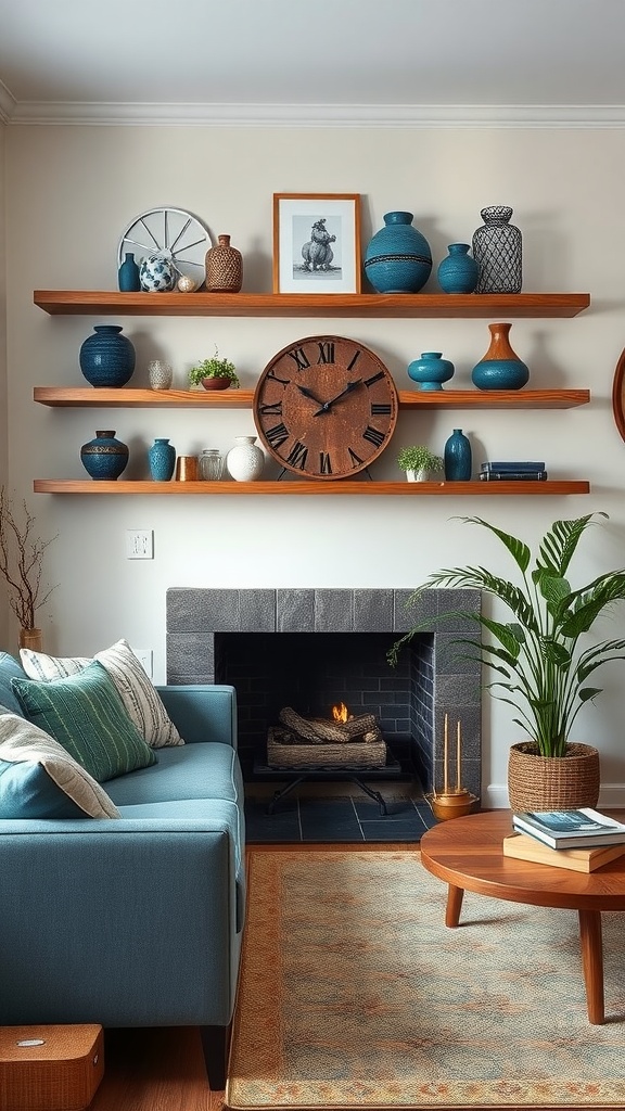 A cozy living room with blue ceramic decor accessories on floating shelves, a wooden clock, and a fireplace.