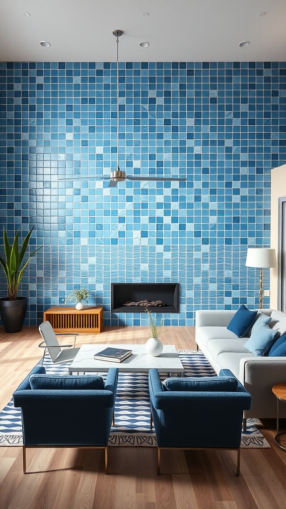 Living room featuring a blue ceramic tile accent wall with modern furniture